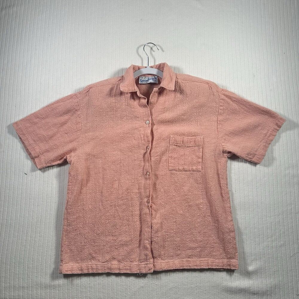 Vintage Sangam Imports Women Medium Pink Woven Cotton Button Front Shirt Boho M